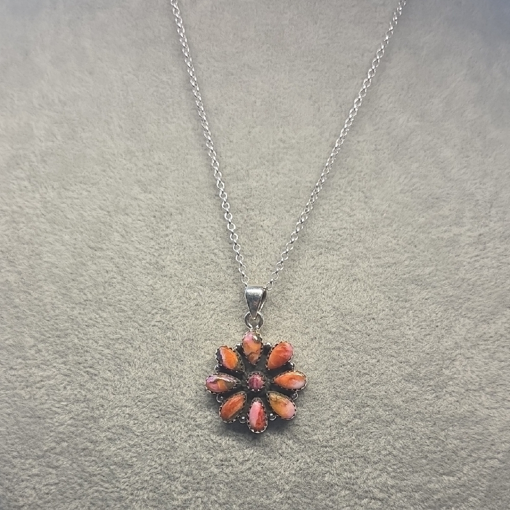 Elegant Silver and Orange Flower Pendant Necklace